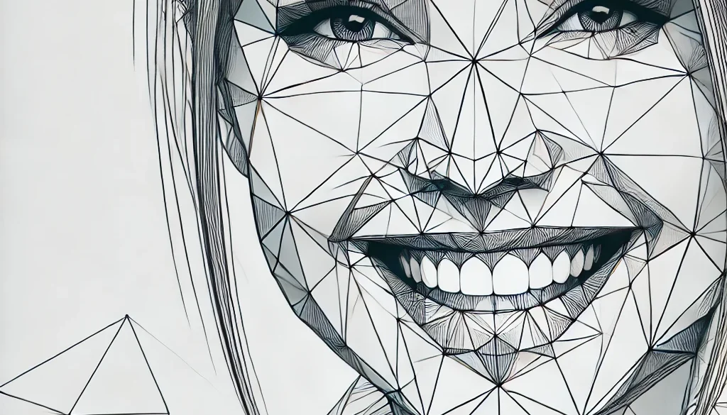 DALL·E 2025-03-06 11.33.18 - A geometric sketch of a smiling girl's face, composed of clean, precise lines and polygons. The drawing should capture her joyful expression with abst best free ai tool for small business