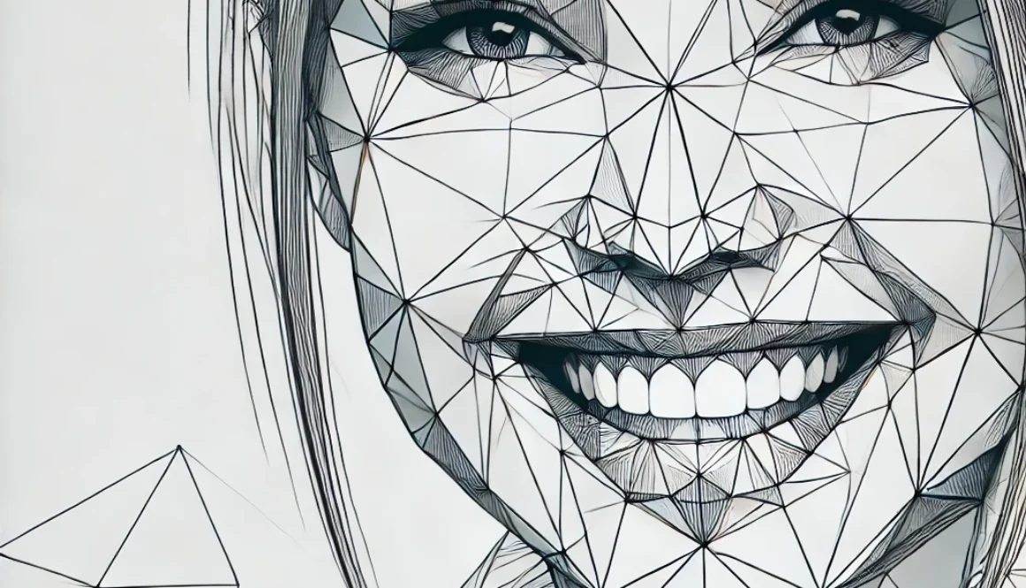 DALL·E 2025-03-06 11.33.18 - A geometric sketch of a smiling girl's face, composed of clean, precise lines and polygons. The drawing should capture her joyful expression with abst best free ai tool for small business