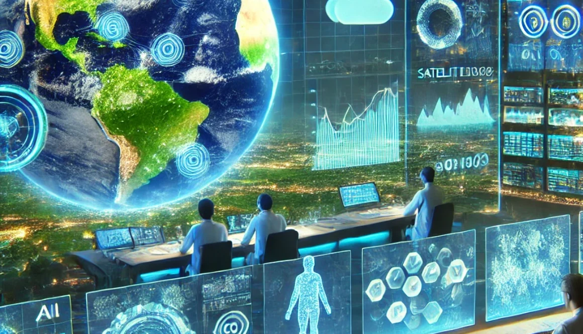 DALL·E 2025-03-15 12.57.57 - A futuristic visualization of AI in climate prediction. The image features a high-tech control room with scientists analyzing large holographic weathe ai in climate prediction
