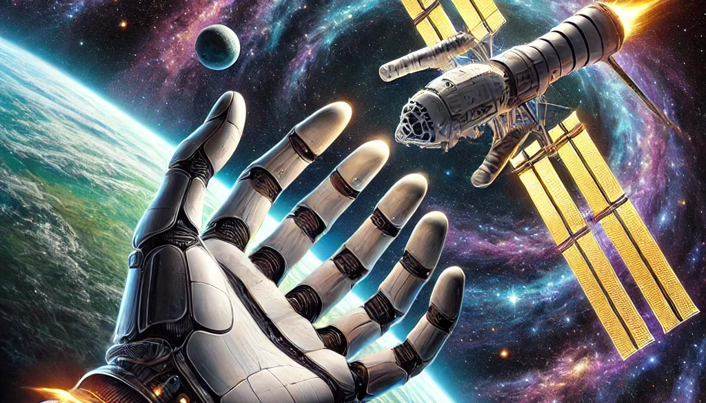 DALL·E 2025-03-16 12.03.01 - A surreal, semi-realistic space vista featuring the Crew Dragon Endurance docking with the ISS, depicted as giant, metallic hands reaching out for a h Artistic illustration of SpaceX Crew Dragon Endurance and the ISS as metallic hands shaking in space, with Earth below and Crew-10 astronauts floating nearby, dated March 16, 2025."