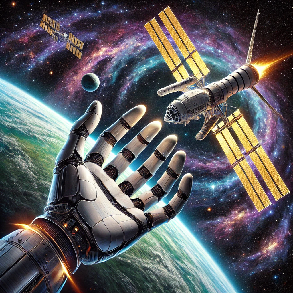 Artistic illustration of SpaceX Crew Dragon Endurance and the ISS as metallic hands shaking in space, with Earth below and Crew-10 astronauts floating nearby, dated March 16, 2025."