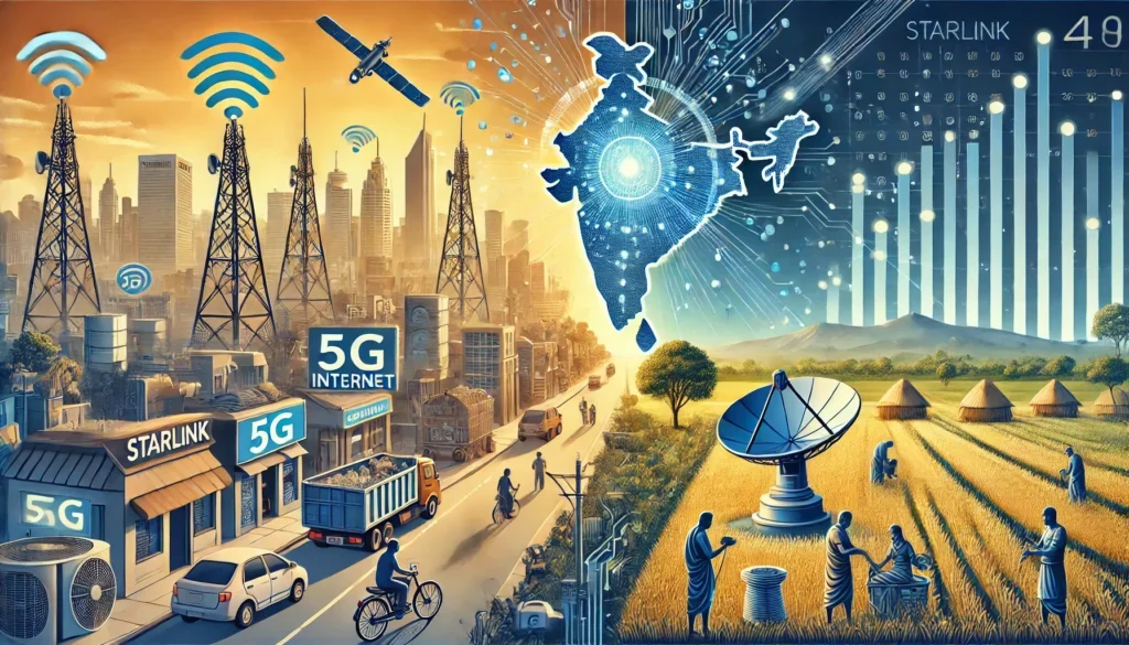 DALL·E 2025-03-18 10.53.00 - A high-tech infographic-style image showing a split scene_ on the left, a bustling urban Indian city with 5G towers and fast internet, and on the righ STARLINK