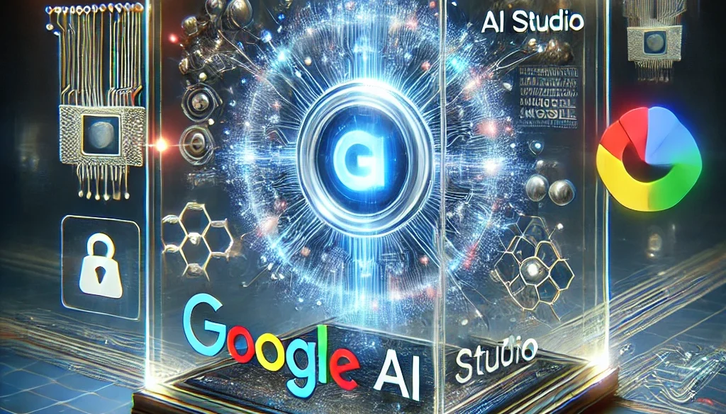 DALL·E 2025-03-19 11.50.44 - An ultra high-tech and futuristic featured image of Google AI Studio. The centerpiece is a glowing, holographic Google AI Studio logo, encased in a sl Google AI studio