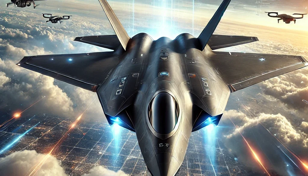 DALL·E 2025-03-24 11.31.34 - A highly advanced sixth-generation fighter jet soaring through the sky. The jet features a sleek, stealth-inspired design with sharp angles, a matte b trump unviels 6th gen fighter jet