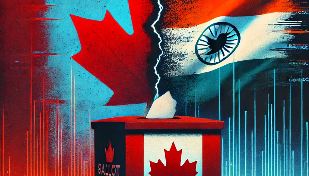 DALL·E 2025-03-25 18.39.16 - A dramatic split-screen scene. On the left, a shadowy silhouette of a Canadian ballot box with a faint maple leaf, cracked down the middle as if under CANADA ELECTION