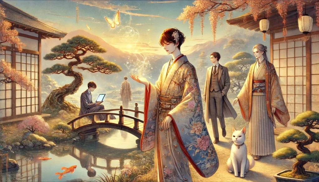 DALL·E 2025-03-27 14.56.38 - A sophisticated anime-style illustration of a serene, sunlit Japanese garden with meticulously trimmed bonsai trees, a tranquil koi pond reflecting so openai