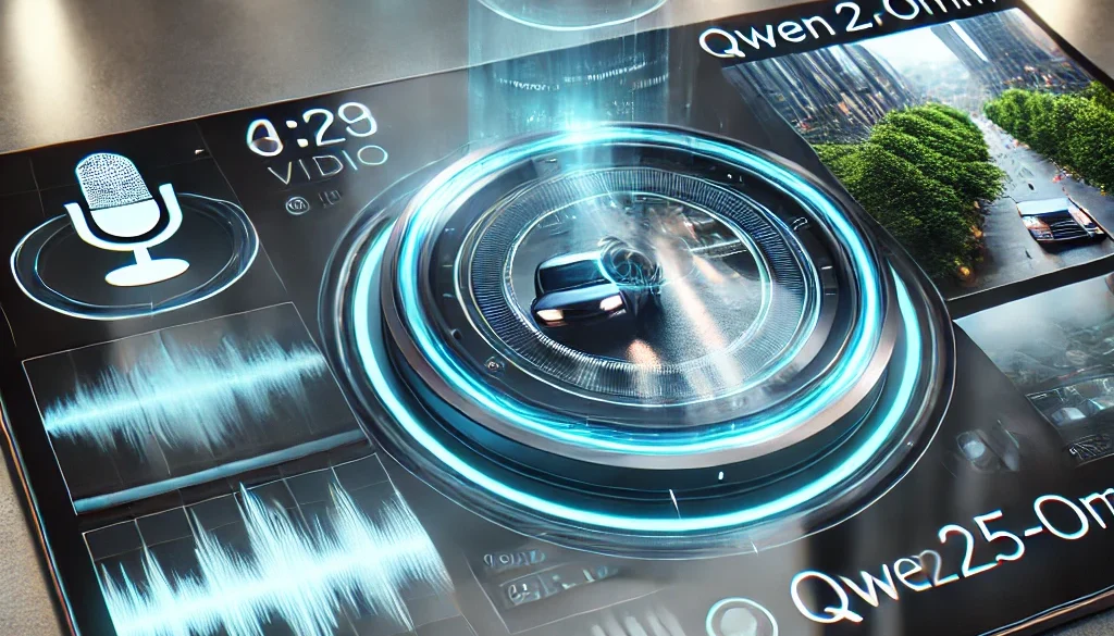 DALL·E 2025-03-28 15.24.58 - A close-up of a futuristic, ultra-realistic touchscreen interface displaying a sleek AI dashboard for Qwen2.5-Omni. The screen shows a live video feed QWEN2.5 OMNI