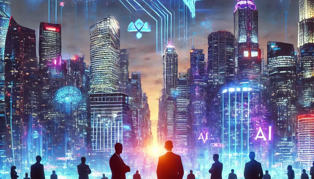 bil1 AI billionaires in a futuristic city with glowing tech symbols