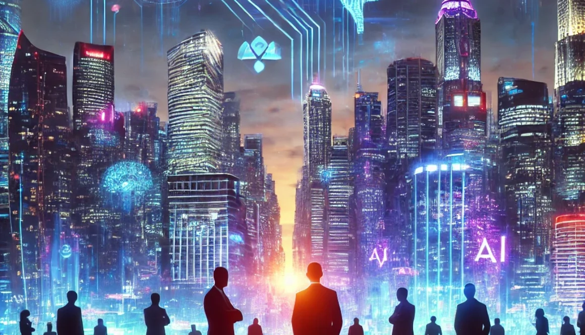 AI billionaires in a futuristic city with glowing tech symbols