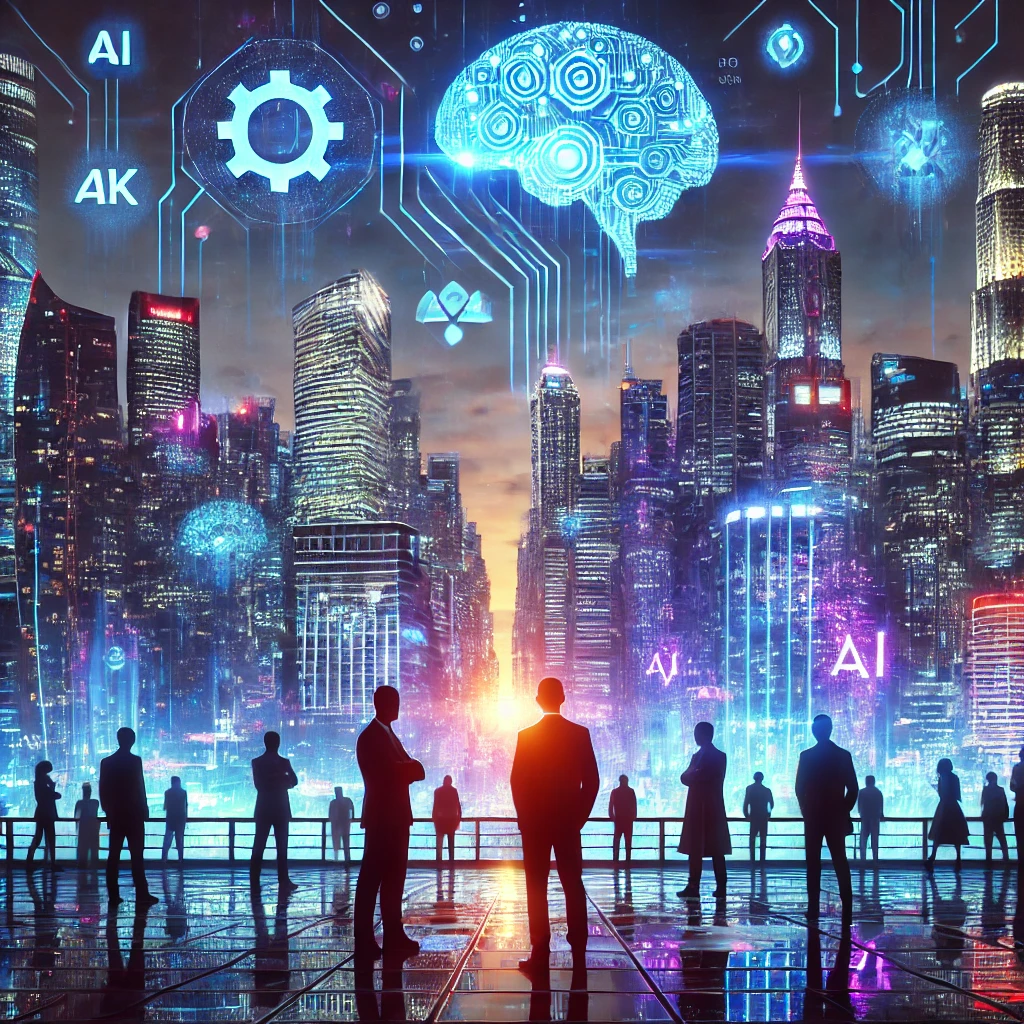 AI billionaires in a futuristic city with glowing tech symbols