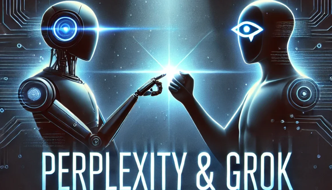 fart Sleek image of Perplexity and Grok AI figures fist-bumping under a spotlight for 2025