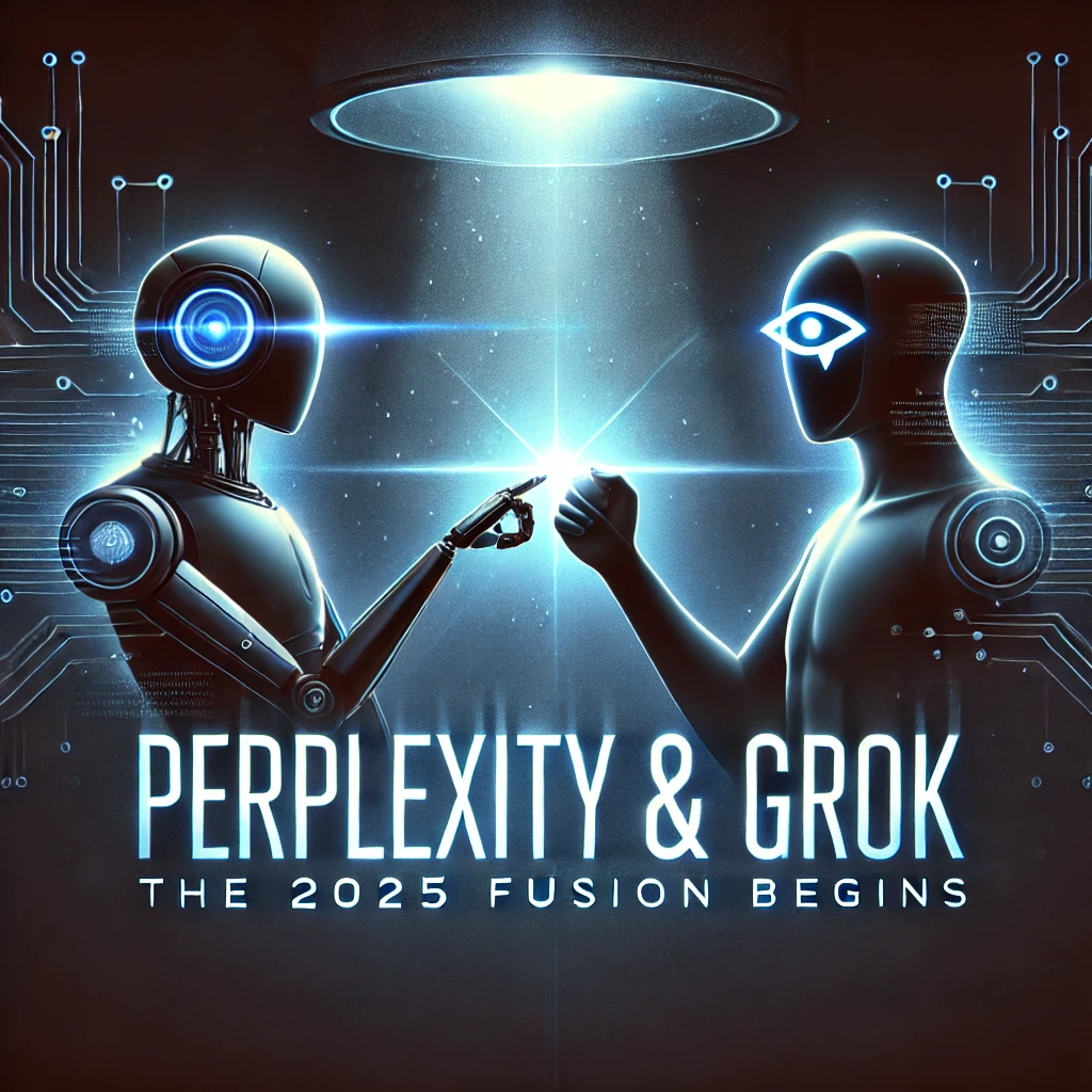 Sleek image of Perplexity and Grok AI figures fist-bumping under a spotlight for 2025