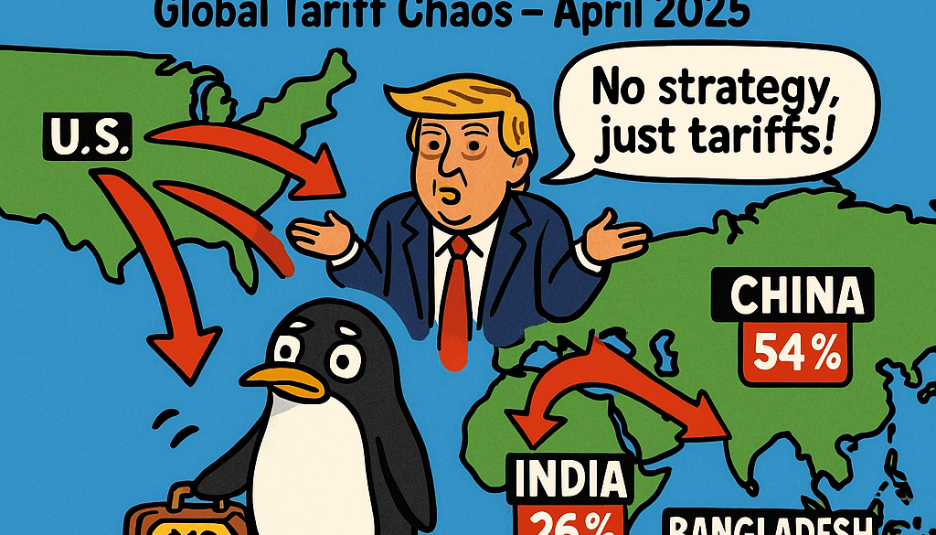 ChatGPT Image Apr 3, 2025, 10_07_14 PM funny meme featuring a confused penguin on a tiny island labeled 'Heard & McDonald Islands,' holding a suitcase with a '$10 Tariff' sticker, poking fun at Trump’s tariffs. In the background, a chaotic world map shows red arrows from the U.S. to India (26%), China (54%), and Bangladesh (37%), with a cartoon Trump shrugging, saying 'No strategy, just tariffs!' Top text reads 'WHEN TRUMP TAXES THE PENGUINS TOO! ,' with subtext 'Global Tariff Chaos – April 2025,' on a bright blue background with red, yellow, and green accents."
