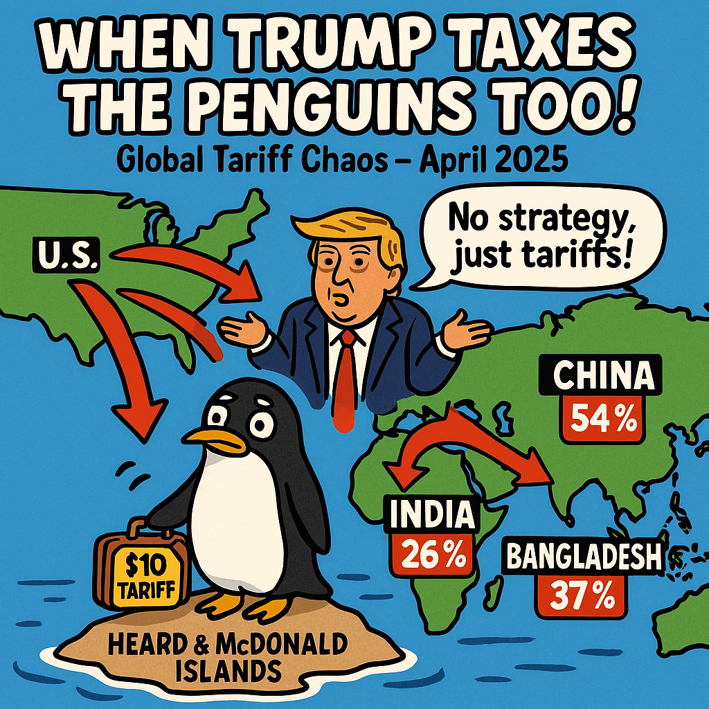 funny meme featuring a confused penguin on a tiny island labeled 'Heard & McDonald Islands,' holding a suitcase with a '$10 Tariff' sticker, poking fun at Trump’s tariffs. In the background, a chaotic world map shows red arrows from the U.S. to India (26%), China (54%), and Bangladesh (37%), with a cartoon Trump shrugging, saying 'No strategy, just tariffs!' Top text reads 'WHEN TRUMP TAXES THE PENGUINS TOO! ,' with subtext 'Global Tariff Chaos – April 2025,' on a bright blue background with red, yellow, and green accents."