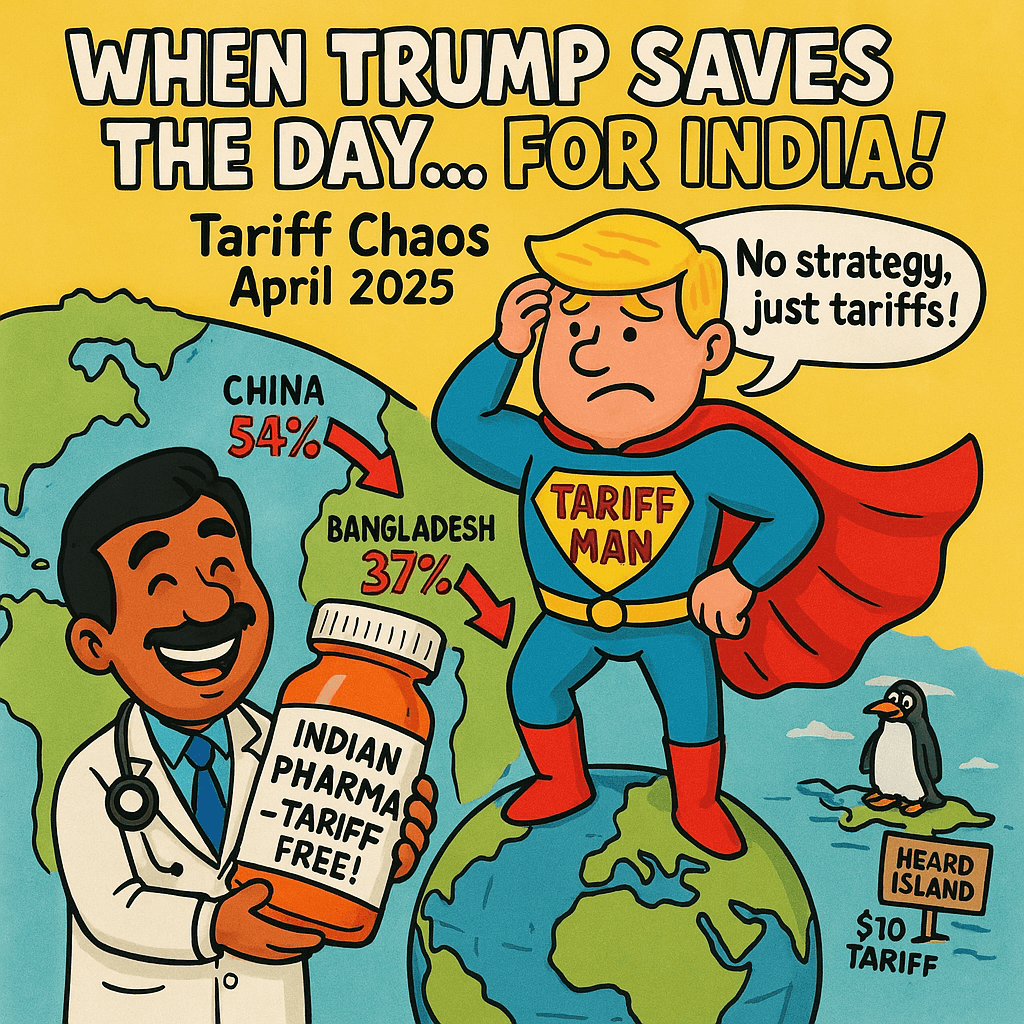 A funny meme with a confused cartoon businessman on a wobbly globe saying 'No plan, just tariffs everywhere!,' a cheerful doctor with a 'Pharma Win – Tariff Free!' bottle, and a penguin on an island with a '$10 Tariff' sign. Background map with red arrows (20%, 37%, 54%). Text: 'WHEN TARIFFS SAVE THE DAY… FOR SOME! ' – Global Tariff Fun – April 2025, on a yellow background with green, blue, red accents."