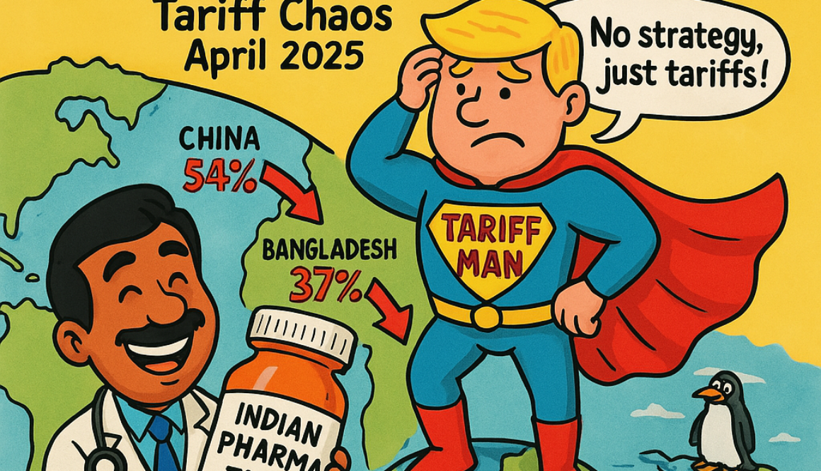 A funny meme with a confused cartoon businessman on a wobbly globe saying 'No plan, just tariffs everywhere!,' a cheerful doctor with a 'Pharma Win – Tariff Free!' bottle, and a penguin on an island with a '$10 Tariff' sign. Background map with red arrows (20%, 37%, 54%). Text: 'WHEN TARIFFS SAVE THE DAY… FOR SOME! ' – Global Tariff Fun – April 2025, on a yellow background with green, blue, red accents."