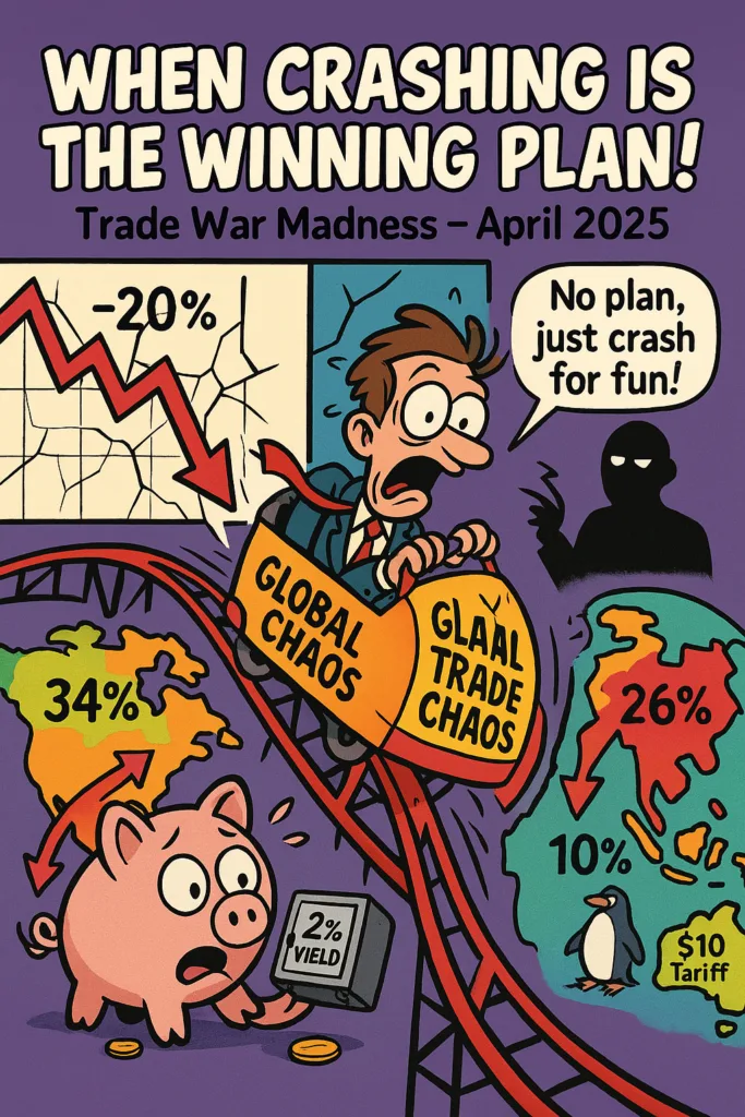 "A funny meme with a baffled stock trader on a 'Global Trade Chaos' rollercoaster crashing with a 20% stock drop chart, a shocked piggy bank holding a '2% Yield' bond, and a world map with arrows (34%, 26%) and a penguin with a '$10 Tariff' suitcase. A shadowy figure says 'No plan, just crash for fun!' Text: 'WHEN CRASHING IS THE WINNING PLAN! ' – Trade War Madness – April 2025, on a purple background with red, yellow, green accents."